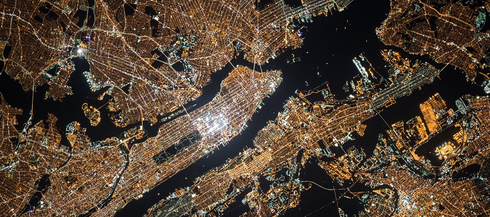 NASA satellite view of a city at night